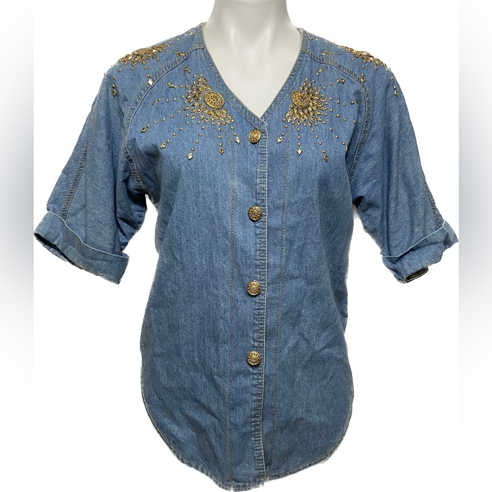 VINTAGE MONIQUE FASHIONS COTTON DENIM EMBELLISHED GOLD SUN TOP